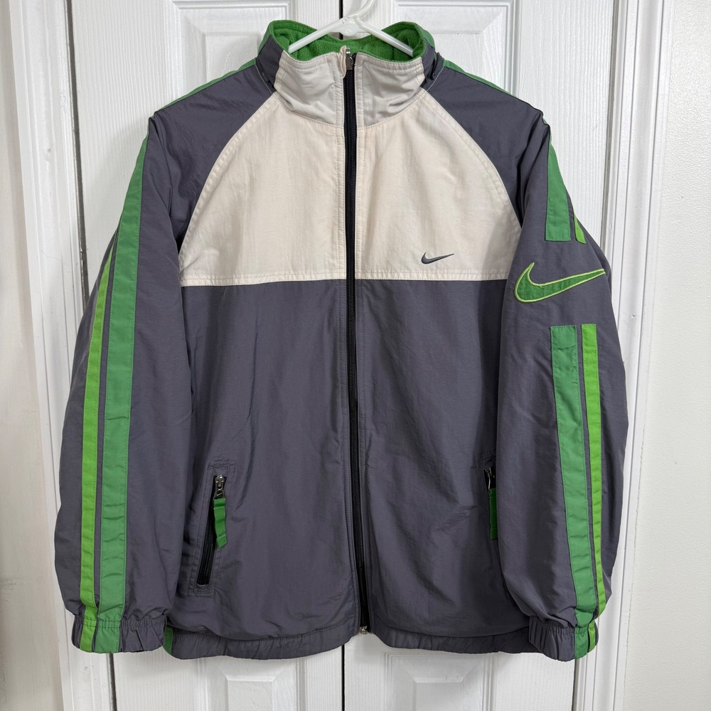Nike Windbreaker Jacket L 14-16 Grey Green Y2K Gorpcore Fleece Lined Zip Up